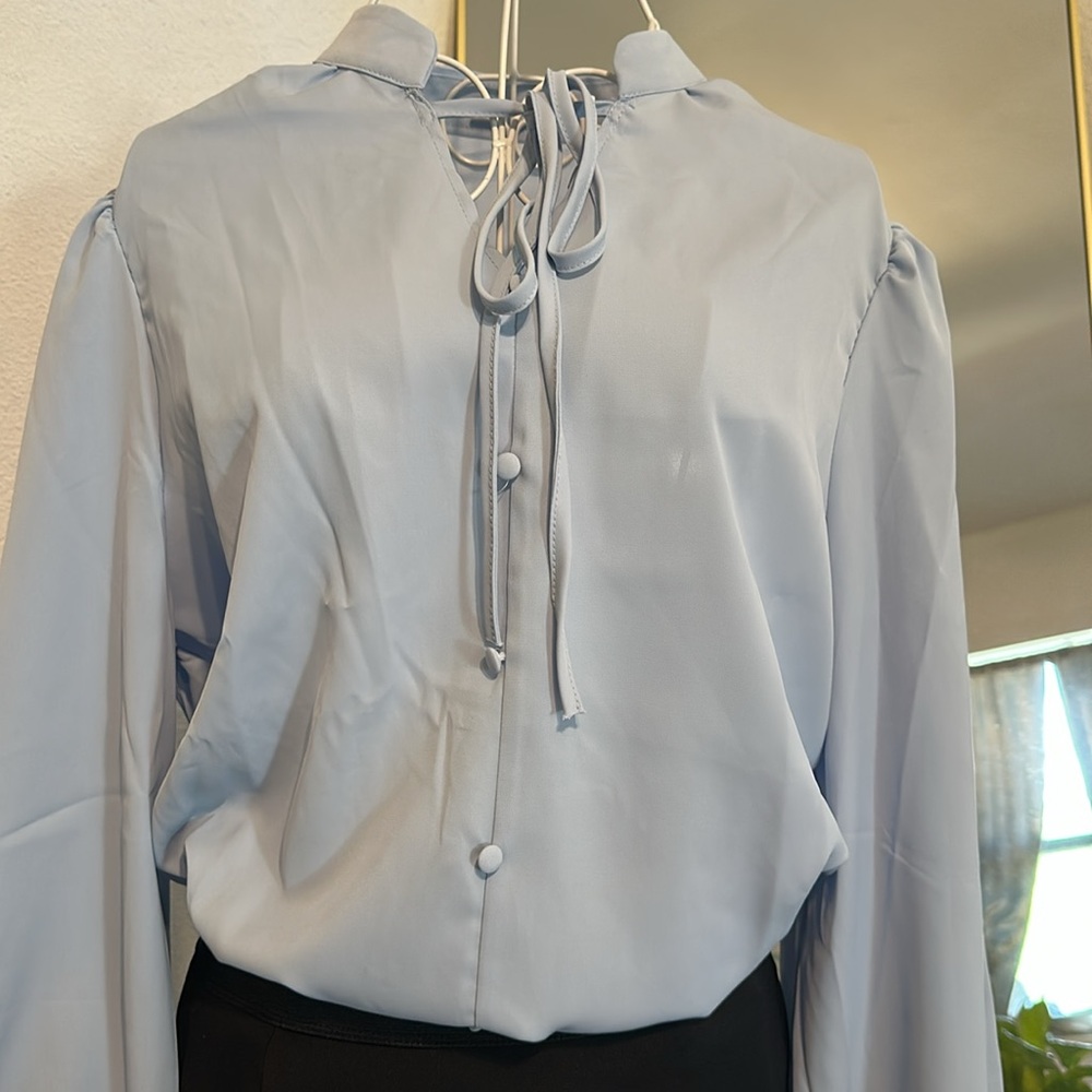 Blue 3/4 Sleeve Blouse with Tie Front and Peter Pan Collar